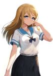  1girl absurdres alternate_hairstyle black_bow black_skirt blonde_hair blue_eyes bow breast_pocket breasts closed_mouth expressionless greem_bang hayasaka_ai highres kaguya-sama_wa_kokurasetai_~tensai-tachi_no_renai_zunousen~ large_breasts long_hair looking_at_viewer photoshop_(medium) pleated_skirt pocket school_uniform serafuku short_sleeves skirt smithee_a._haysaca solo 