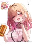 1girl absurdres ahoge akuame_(ring3922) alcohol beer beer_mug blush breasts chibi choker cup drink drunk earrings elbow_on_table hair_ornament hairclip highres holding holding_drink hololive hololive_dev_is ichijou_ririka jewelry large_breasts mug nail_polish necklace orange_hair red_eyes ring simple_background watch white_background wristwatch 