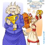 abstract_background anthro award bell big_breasts bodily_fluids boss_monster_(undertale) bovid breasts canid canine caprine carol_holiday celebration ceroba_ketsukane clothed clothing deer deltarune eyewear female fluffy_ears fox fully_clothed fur glasses goat gold_(metal) group hair happy hi_res line_art mammal meme messy_linework new_world_deer orange_hair ponytail reindeer sad shaded shaded_line_art shitpost slightly_chubby slim small_waist sprite_art tears tied_hair toriel trio trophy undertale_(series) undertale_yellow wearing_glasses white_body white_fur yanisp5