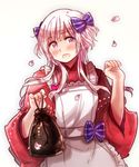  :d apron bag blush bow fingernails frilled_apron frills hair_bow holding long_hair long_sleeves minatomachi_ruku official_style open_mouth petals pink_bow pink_eyes rosel-d simple_background smile solo striped striped_bow taisho_roman_oni-san_yameteee!! upper_body white_background white_hair 