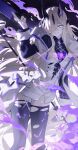  1girl absurdres arknights black_horns black_thighhighs blonde_hair commentary_request dragon_girl dragon_horns dress feet_out_of_frame fire green_eyes hair_over_one_eye hand_up highres holding holding_staff horns light_in_heart looking_at_viewer multiple_horns necrass_(arknights) purple_fire purple_light solo songchuan_li staff standing thighhighs torn_clothes torn_thighhighs white_dress 