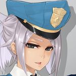  black_eyes caooll close-up face hat league_of_legends looking_at_viewer police_hat riven_(league_of_legends) short_hair silver_hair smile solo 