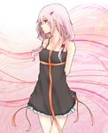  arms_behind_back bare_legs bare_shoulders black_dress collarbone dress guilty_crown hair_ornament hairclip kou_mashiro lace lace-trimmed_dress long_hair looking_away low_twintails pink_background pink_eyes pink_hair ribbon slim_legs smile solo twintails yuzuriha_inori 