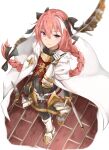  1boy armor astolfo_(fate) black_bow bow braid brick_floor cape coat crossdressing emblem fate/apocrypha fate/grand_order fate_(series) feathers fur-trimmed_coat fur_trim hair_bow hair_intakes highres hoshimiya_mashiro multicolored_hair multiple_hair_bows otoko_no_ko pink_hair scabbard sheath single_braid standing streaked_hair white_cape white_hair 