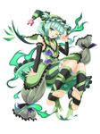  aqua_hair arm_warmers astaroth_(p&amp;d) bare_shoulders black_bow blush bow demon_girl demon_horns detached_wings fingernails frilled_bow frills fuku_arashi full_body green_bloomers green_eyes hat highres horns jester_cap leg_warmers one_eye_closed open_mouth pants pillow puffy_pants purple_bow puzzle_&amp;_dragons short_hair simple_background sleeveless solo striped striped_pants white_background wings 
