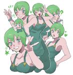  1girl ? armpits bare_shoulders blush bracelet breasts chibi chibi_inset drinking_straw drinking_straw_in_mouth english_text finger_gun foo_fighters_(jojo) green_eyes green_hair green_overalls green_theme grin heart highres jewelry jojo_no_kimyou_na_bouken matubaru_chan multiple_views ok_sign one_eye_closed overalls short_hair small_breasts smile soda star_(symbol) stone_ocean v white_background 