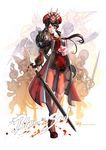  animal animal_ears armor b.c.n.y. black_hair blade_&amp;_soul copyright_name dress full_body hat highres legs long_hair looking_at_viewer short_dress sword watermark weapon web_address 