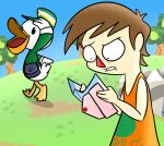 2019 3_fingers 3_toes 4_fingers animal_crossing anthro arms_bent avian beady_eyes beak bird black_eyes blue_sky bottomless bottomless_anthro bottomless_male brown_hair clear_sky clothed clothed_anthro clothed_human clothed_male clothing colored cookieboy011 day delivery_(commerce) delivery_employee digital_drawing_(artwork) digital_media_(artwork) dress duo english_description feathers feet fingers grass green_clothing green_shirt green_topwear hair holding_object holding_paper human light lighting looking_at_another looking_at_paper looking_back looking_back_at_another mailbag male male_anthro male_human mammal membrane_(anatomy) nintendo no_eyebrows open_beak open_mouth orange_beak orange_clothing orange_dress outside paper pelecaniform pelican pete_(animal_crossing) plant postal_carrier postal_delivery red_nose red_tongue rock shaded shielding_eyes shirt short_hair shoulder_bag sky standing story story_in_description tail tail_feathers tan_body tan_skin teeth toes tongue topwear tree triangle_nose villager_(animal_crossing) webbed_feet white_body white_feathers white_tail worried_look