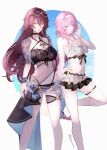  2girls bikini bikini_skirt black_bikini black_sarong blue_eyes bracelet breasts brown_hair cleavage eden_(flowing_rhyme)_(honkai_impact) eden_(honkai_impact) elf elysia_(honkai_impact) elysia_(miss_pink_elf)_(honkai_impact) elysia_(summer_miss_elf)_(honkai_impact) eyewear_on_head hairband hashtag-only_commentary highres honkai_(series) honkai_impact_3rd jewelry multiple_girls navel necklace official_alternate_costume oldsprout1108 oval_background pointy_ears sarong scrunchie see-through_clothes see-through_sleeves shell shell_necklace stomach sunglasses swimsuit thigh_strap twintails white_bikini white_hairband wrist_scrunchie yellow_eyes 