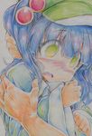  absurdres backpack bag blue_hair blush colored_pencil_(medium) empty_eyes green_eyes hair_bobbles hair_ornament hat highres holding kawashiro_nitori kitazinger long_sleeves nose_blush open_mouth scared short_hair solo_focus touhou traditional_media two_side_up wide_sleeves 