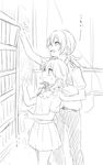  1girl bad_id bad_pixiv_id blush book bookshelf genderswap genderswap_(mtf) greyscale hand_on_another's_shoulder height_difference inazuma_eleven_(series) inazuma_eleven_go kariya_masaki kirino_ranmaru long_hair monochrome open_mouth pleated_skirt raimon raimon_school_uniform school_uniform skirt tomo_(sjim) twintails 