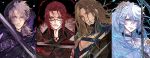  4boys aura black_background blue_hair boutonniere braid brown_hair chest_belt chin_guard cloak column_lineup crimzon_ruze curtained_hair flower fur_collar fur_trim glasses goldbullet goldbullet_(2nd_costume) hair_down hair_flower hair_ornament hairclip highres holostars holostars_english hood hooded_cloak jurard_t_rexford long_hair low_ponytail male_focus multiple_boys octavio octavio_(2nd_costume) orenjimaru pectorals pink_eyes ponytail portrait purple_eyes red_eyes red_hair side_braids virtual_youtuber yellow_eyes 