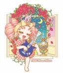  1girl animal_on_head bishoujo_senshi_sailor_moon blush cat chibi chibi_usa closed_eyes commentary diana_(sailor_moon) full_body guitar headband highres holding holding_guitar holding_instrument instrument moon night on_head open_mouth pink_hair prettysavage30 puffy_short_sleeves puffy_sleeves short_sleeves smile tokyo_tower twintails window yellow_headband 