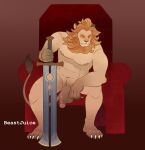 abs afk_arena afk_journey anthro beastjuice brutus_(afk_arena) chair felid feline furniture hair hi_res holding_object holding_weapon lilith_games lion male mammal mane mane_hair melee_weapon muscular muscular_anthro muscular_male nipples pantherine paws sitting solo sword tail throne weapon