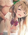  1boy 1girl absurdres all_fours asou_(asabu202) blurry blurry_background blush bow bowtie breasts brown_hair clothed_female_nude_male commentary_request doggystyle downblouse drooling fat fat_man hair_bun hetero highres large_breasts long_hair loose_bowtie love_live! love_live!_school_idol_project minami_kotori nipples no_bra nude open_clothes open_mouth open_shirt otonokizaka_school_uniform panties panties_around_one_leg pink_panties rape school_uniform sex sex_from_behind short_sleeves solo_focus summer_uniform sweat torso_grab underwear 