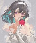  1girl abstract_background absurdres alien_stage apple aqua_hair bare_shoulders black_hair chenyuyu collarbone colored_inner_hair dress earrings elbow_gloves food fruit gloves hairband highres holding holding_food holding_fruit jewelry looking_at_viewer multicolored_hair purple_eyes short_hair solo strapless strapless_dress sua_(alien_stage) tube_dress two-tone_hair upper_body white_dress white_gloves white_hairband 