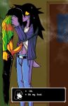 absurd_res anthro bodily_fluids bottomwear bully bullying clothed clothing clothing_lift cum cum_on_belly cum_on_body deltarune denim denim_bottomwear denim_clothing dialogue duo female genital_fluids genitals hi_res jeans kris_(deltarune) male male/female pants penis ponporio shirt shirt_lift surprised_expression susie_(deltarune) sweat tagme text text_box topwear undertale_(series)