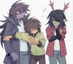  1boy 2girls blue_pants brown_hair brown_pants brown_shirt clenched_teeth collared_shirt december_holiday deer_girl deltarune denim design_speculation flannel green_sweater highres jacket jeans kris_(deltarune) long_hair long_sleeves multiple_girls pants purple_hair purple_jacket red_jacket sanbel780308 shirt short_hair sidelocks simple_background susie_(deltarune) sweat sweater teeth very_long_hair white_background white_shirt 