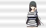  1girl bangs black_hair breasts collarbone curvy durarara!! ears female green_eyes grey_background hair_between_eyes hair_tucking highres hips huge_breasts impossible_clothes impossible_shirt large_breasts long_hair long_sleeves looking_at_viewer shiny shiny_clothes shiny_hair shirt shuz_(dodidu) simple_background smile solo standing striped striped_clothes striped_shirt sweater_dress taut_clothes thigh_gap very_long_hair wallpaper wide_hips yagiri_namie 