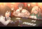  1other 2boys 3girls ahoge aroha_j black_cloak black_eyes black_hair black_shirt blonde_hair breast_rest breasts breasts_on_table brooch brown_hair card casino clenched_hand cloak commentary_request elbow_on_table elf evil_grin evil_smile green_cloak green_eyes grin hair_between_eyes hair_ribbon hand_on_own_face hand_on_table highres indoors jewelry large_breasts light_particles multiple_boys multiple_girls neck_ribbon nervous_sweating open_mouth out_of_frame outstretched_hand pixiv_fantasia pixiv_fantasia_scepter_of_zeraldia playing_card pointy_ears poker poker_chip poker_table pov pov_hands purple_eyes ribbon shirt short_hair shrugging sitting sitting_sideways smile smug standing sweat table upper_body vest wavy_mouth white_cloak white_vest 