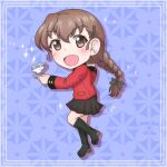  1girl absurdres black_boots black_ribbon black_skirt blue_background blush boots braid brown_eyes brown_hair chibi cup from_side girls_und_panzer hair_ornament hair_ribbon hairpin highres holding holding_tray jacket long_braid long_hair looking_at_viewer miniskirt oekaki_baccho open_mouth patterned_background pleated_skirt red_jacket ribbon rukuriri_(girls_und_panzer) single_braid skirt st._gloriana&#039;s_military_uniform teacup tray 