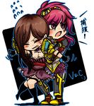  brown_hair caitlyn_(league_of_legends) chibi closed_eyes fingerless_gloves gloves goggles goggles_on_head league_of_legends multiple_girls no_hat no_headwear open_mouth otani_(kota12ro08) pink_hair purple_eyes restrained struggling sweatdrop thigh_strap vi_(league_of_legends) 