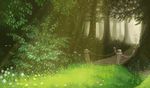  absurdres braid broom commentary forest forest_of_magic grass hat highres huge_filesize kirisame_marisa light_particles nature plant scenery silhouette sunlight touhou tree u-joe witch witch_hat 