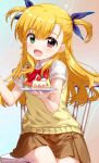  1girl blonde_hair blue_ribbon bow brown_skirt cake cake_slice chair collared_shirt commentary_request dress_shirt food fruit fujima_takuya green_eyes hair_between_eyes hair_ribbon heterochromia holding holding_plate long_hair lyrical_nanoha mahou_shoujo_lyrical_nanoha on_chair plate pleated_skirt red_bow red_eyes ribbon shirt short_sleeves sitting skirt solo strawberry sweater_vest two_side_up vivio white_shirt 