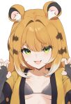  1girl :3 :d alternate_costume animal_ear_fluff animal_ears bikini blonde_hair breasts breasts_apart claw_pose commentary cropped elbow_gloves english_commentary fang fingerless_gloves gloves green_eyes grey_bikini grey_gloves hair_intakes hands_up highres jacket ju_fufu looking_at_viewer making-of_available medium_breasts moofie_(artist) multicolored_hair open_clothes open_jacket open_mouth paid_reward_available portrait short_sleeves sidelocks simple_background smile solo straight-on streaked_hair striped_hair swimsuit tiger_ears tiger_girl tiger_stripes tsurime underboob v-shaped_eyebrows white_background white_hair yellow_jacket zenless_zone_zero 