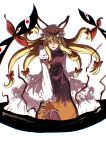  1girl blonde_hair bow closed_mouth commentary_request dress frilled_dress frilled_sleeves frills gap_(touhou) hair_between_eyes hair_bow hat hat_ribbon highres inuno_rakugaki long_hair long_sleeves looking_at_viewer mob_cap nail_polish purple_nails purple_tabard red_bow red_eyes red_ribbon ribbon simple_background sleeve_garter smile solo tabard touhou white_background white_dress white_hat wide_sleeves yakumo_yukari 