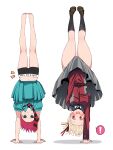  ! 2girls :o amate_yuzuriha aqua_eyes aqua_skirt balancing barefoot black_necktie black_panties black_socks blonde_hair blush boyshort_panties breasts brown_shoes closed_mouth clothes_lift clothes_writing commentary constricted_pupils covering_crotch covering_privates crossover diagonal-striped_clothes diagonal-striped_necktie embarrassed eyelashes frown full_body grey_skirt grey_trim gundam gundam_gquuuuuux hair_ribbon hand_on_own_crotch handstand highres kneehighs loafers looking_ahead looking_at_another looking_to_the_side lycoris_recoil medium_breasts midriff_peek multiple_girls navel necktie nishikigi_chisato notice_lines one_arm_handstand one_side_up panties red_eyes red_hair red_necktie red_ribbon red_shirt ribbon ringed_eyes round_teeth sabi1234 school_uniform shadow shirt shoes short_hair short_sleeves side-by-side skirt skirt_lift skirt_tug socks spoken_exclamation_mark striped_clothes surprised teeth toes underwear upper_teeth_only upside-down very_long_sleeves 