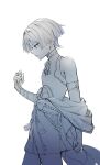  1boy arm_at_side armor belt blue_eyes blunt_ends bodysuit bow bridal_gauntlets clenched_hand closed_mouth clothes_down covered_collarbone eyelashes eyeliner eyeshadow from_side genshin_impact greyscale greyscale_with_colored_eyes gunocha hakama hakama_shorts hand_up highres hip_vent japanese_armor japanese_clothes juban kimono kote looking_to_the_side makeup male_focus mandarin_collar middle_ring monochrome multicolored_hair pleated_shorts purple_hair red_eyeliner red_eyeshadow rope sash scaramouche_(genshin_impact) shorts solo spot_color streaked_hair tsurime wanderer_(genshin_impact) white_background 