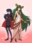  2girls blue_eyes blue_hair cape crossover fingerless_gloves fire_emblem fire_emblem:_kakusei flower gloves green_eyes green_hair hand_holding jewelry kid_icarus long_hair lots_of_jewelry lucina multiple_girls nintendo palutena super_smash_bros. very_long_hair 