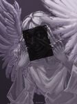  1boy big_mouth feathered_wings gabriel_(mandela_catalogue) greyscale hands_on_own_face highres long_fingers long_hair looking_at_viewer male_focus mandela_catalogue monochrome rectangle robe salute solo stray_hair teeth tomtit_bird upper_body very_big_eyes vulcan_salute white_hair white_robe wide_sleeves wings wrinkled_skin zoom_layer 