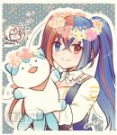  1boy 1girl 1other alcryst_(fire_emblem) bandana bandana_around_neck blue_eyes blue_fur blue_hair breasts cleavage cleavage_cutout clothing_cutout crossed_bangs female_alear_(fire_emblem) fire_emblem fire_emblem_engage head_wreath heterochromia medium_breasts multicolored_hair official_alternate_hairstyle ponytail red_bandana red_eyes red_hair skt_s solo_focus sommie_(fire_emblem) split-color_hair two-tone_fur two-tone_hair white_fur 