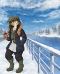 2024 absurd_res anthro barbeerian beret beverage boots bottomwear bridge brown_body brown_fur building chest_tuft clothed clothed_anthro clothed_female clothing coffee coffee_cup container cup digital_drawing_(artwork) digital_media_(artwork) digitigrade domestic_rabbit evergreen_tree female floppy_ears footprint footwear front_view fur green_eyes green_hair hair hat headgear headwear hi_res house jacket kelly_hase lagomorph leporid lop_ears lop_rabbit mammal multicolored_body multicolored_fur oryctolagus outside pine_tree plant rabbit railing river scarf shoes sky snow solo spots sweater topwear tree tuft two_tone_body two_tone_fur ugg_boots white_body white_fur winter