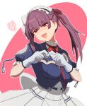 1girl absurdres blush centaureissi_(girls&#039;_frontline_2) commentary_request cosplay covenant_halo_(girls&#039;_frontline_2) g36_(girls&#039;_frontline) g36_(girls&#039;_frontline)_(cosplay) girls&#039;_frontline girls&#039;_frontline_2:_exilium gloves hair_ribbon heart heart_hands highres long_hair looking_at_viewer maid_headdress makiatto_(girls&#039;_frontline_2) monta818 neck_ribbon open_mouth partially_fingerless_gloves pink_background purple_hair red_eyes ribbon side_ponytail simple_background skirt smile solo two-tone_background upper_body wa2000_(girls&#039;_frontline) white_background white_skirt 
