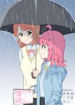  2girls ahoge artist_name black_skirt blue_hoodie blue_shirt blunt_bangs blunt_ends brown_eyes brown_hair brown_vest commentary expressionless gradient_background grey_background grey_umbrella hair_bun hair_ornament hairclip highres holding holding_notebook holding_umbrella hood hoodie long_sleeves looking_at_another love_live! love_live!_nijigasaki_high_school_idol_club medium_hair multiple_girls neck_ribbon nijigasaki_school_uniform notebook ohrinas pink_hair rain red_ribbon ribbon rina-chan_board school_uniform shirt single_hair_bun skirt smile twitter_username uehara_ayumu umbrella vest watermark wet yellow_ribbon 