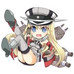  :d armpits bare_shoulders bismarck_(kantai_collection) blonde_hair blue_eyes blush cannon chibi elbow_gloves gloves grey_legwear hat kantai_collection legs_up long_hair military military_uniform no_nose open_mouth peaked_cap sakura_hanatsumi simple_background smile solo thighhighs uniform white_background 