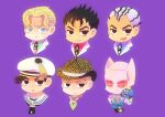  2others 5boys animal_ears black_eyes black_hair black_hat black_necktie blonde_hair blue_eyes bowler_hat cat_ears cheekbones chibi chibi_only colored_sclera commentary commentary_request cropped_shoulders dead_man&#039;s_questions diamond_wa_kudakenai formal_clothes green_necktie green_shirt hat higashikata_josuke_(jojolion) highres jojo_no_kimyou_na_bouken jojolion kawajiri_kosaku killer_queen kira_yoshikage long_bangs looking_at_viewer male_focus multicolored_hair multiple_boys multiple_others necktie purple_shirt red_eyes red_sclera red_shirt sailor sailor_collar sailor_hat sheer_heart_attack shirt slit_pupils stand_(jojo) stray_cat_(jojo) striped_clothes striped_hair striped_shirt suit two-tone_hair user_fzja5827 white_hair white_hat white_sailor_collar 