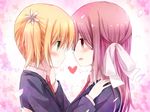  2girls artist_request blonde_hair blush green_eyes hair_ornament hand_on_shoulder heart looking_at_another multiple_girls open_mouth pink_eyes pink_hair sakura_trick sakuyunomi school_uniform smile sonoda_yuu takayama_haruka uniform yuri 