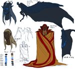  2014 blonde_hair blue_eyes cape claws clothing dark_skin demon feathers glowing glowing_eyes grey_hair hair horn long_hair male markings model_sheet mutisija plain_background pointy_ears solo stripes tattoo valeram white_background wings 