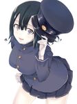  akitsu_maru_(kantai_collection) black_hair black_hat black_skirt blush breasts buttons gloves grey_eyes hat hat_removed headwear_removed holding holding_hat kantai_collection konno_shimako large_breasts leaning leaning_forward long_sleeves military military_uniform open_mouth pale_skin peaked_cap pleated_skirt remodel_(kantai_collection) short_hair simple_background skirt solo uniform white_background white_gloves white_skin 