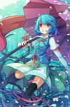  arm_ribbon blue_hair error grin highres juliet_sleeves karakasa_obake koxo-01 long_sleeves petals pink_eyes plant puffy_sleeves ribbon shirt skirt smile solo tatara_kogasa thighhighs touhou umbrella vest vines 