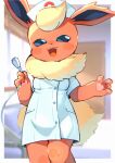 absurd_res ambiguous_gender black_eyes breasts clothing detailed_background eeveelution endoscope flareon fur generation_1_pokemon hat headgear headwear hi_res human mammal neck_tuft nintendo nn_197069 nurse nurse_clothing nurse_hat nurse_headwear nurse_uniform open_mouth orange_body orange_fur pokemon pokemon_(species) smile solo tuft uniform