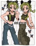  1girl :o :p arms_behind_back bare_shoulders belt black_border black_hair black_tank_top blue_pants border bracelet braid braided_ponytail breasts bug bun_with_braided_base butterfly butterfly_tattoo cargo_pants cone_hair_bun copyright_name curtained_hair denim dot_nose double_bun english_text finger_to_own_nose fu_r_y green_hair green_lips green_pants green_tank_top grid_background hair_between_eyes hair_bun hand_on_own_hip highres jeans jewelry jojo_no_kimyou_na_bouken kujo_jolyne medium_hair messy_hair midriff multicolored_hair multiple_views navel outside_border pants parted_bangs pearl_bracelet print_tank_top shirt short_hair sketch small_breasts star_(symbol) star_ornament stone_ocean stretching tank_top tattoo tongue tongue_out two-tone_hair white_belt white_border 