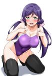  1girl bare_arms bare_shoulders black_thighhighs blush breasts cleavage collarbone commentary_request covered_navel embarrassed full_body green_eyes hair_ornament highleg highleg_one-piece_swimsuit highres kneeling large_breasts long_hair looking_at_viewer love_live! love_live!_school_idol_project one-piece_swimsuit purple_hair purple_one-piece_swimsuit simple_background solo swimsuit thighhighs thighs tojo_nozomi twintails white_background yopparai_oni 