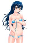  bikini blue_bikini blue_hair blush breasts brown_eyes collarbone covering covering_crotch hand_on_own_chest highres kaze_makase long_hair love_live! love_live!_school_idol_project navel side-tie_bikini small_breasts solo sonoda_umi stomach swimsuit wardrobe_malfunction white_background 