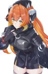  1girl asymmetrical_gloves black_coat blush coat commentary cowboy_shot dragon_girl dragon_horns gaohuang43450 gloves hair_between_eyes hood hoodie horns long_hair looking_at_viewer mismatched_gloves orange_hair orange_pupils orpheus_(zenless_zone_zero) pointy_ears zenless_zone_zero 