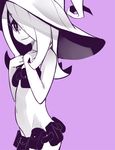  belt_pouch company_connection flat_chest hair_over_one_eye hat kill_la_kill little_witch_academia long_hair monochrome nudist_beach_uniform pouch sho-n-d simple_background solo sucy_manbavaran trigger_(company) witch witch_hat 